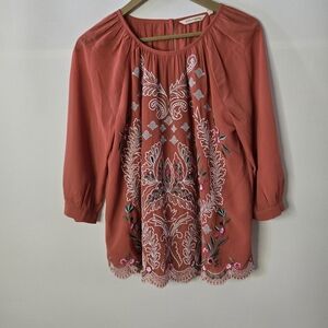 Soft Surroundings Size M Embroidered Coral 3/4 Sl Blouse With Scalloped Hem